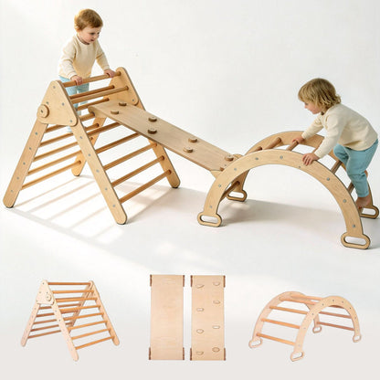 Wooden Pikler triangle set for toddlers with climbing triangle arch and ramp
