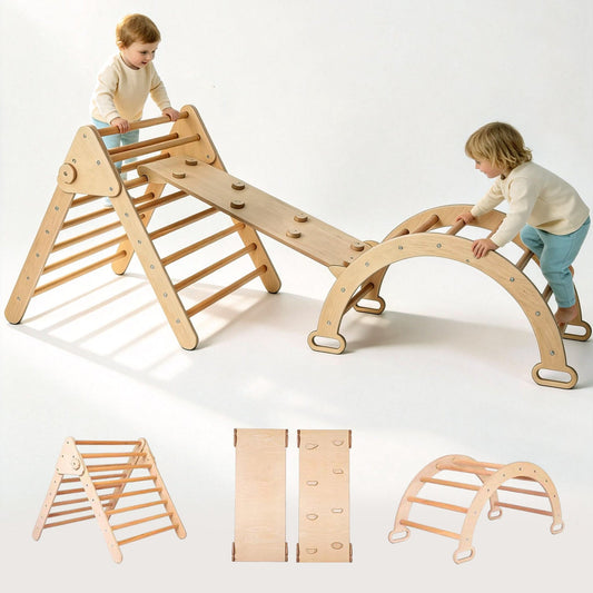 Wooden Pikler triangle set for toddlers with climbing triangle arch and ramp
