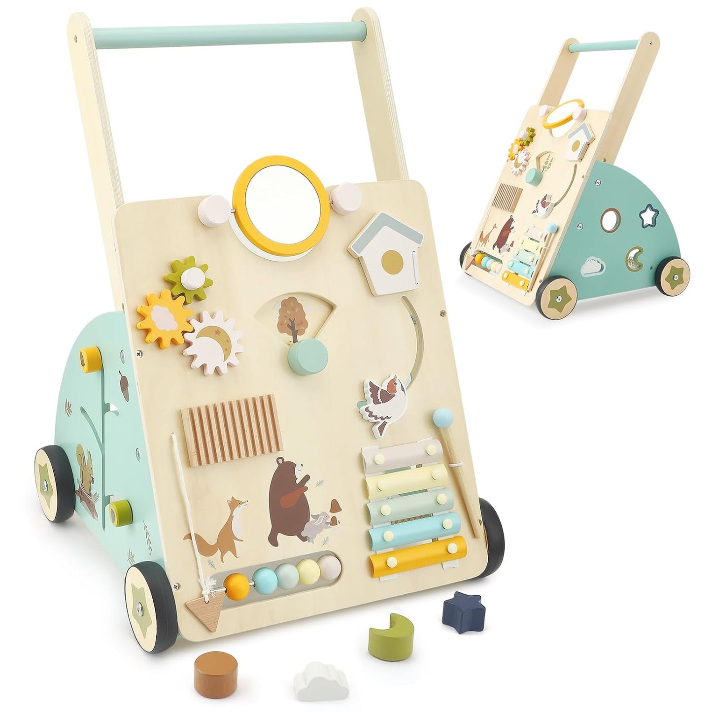 Wooden push walker with Montessori activity board
