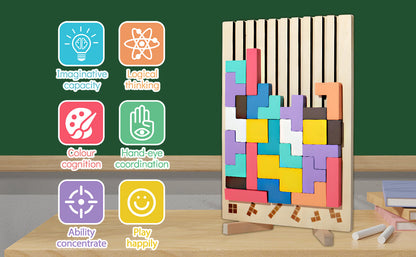 Colorful wooden puzzle blocks for toddlers and preschool children