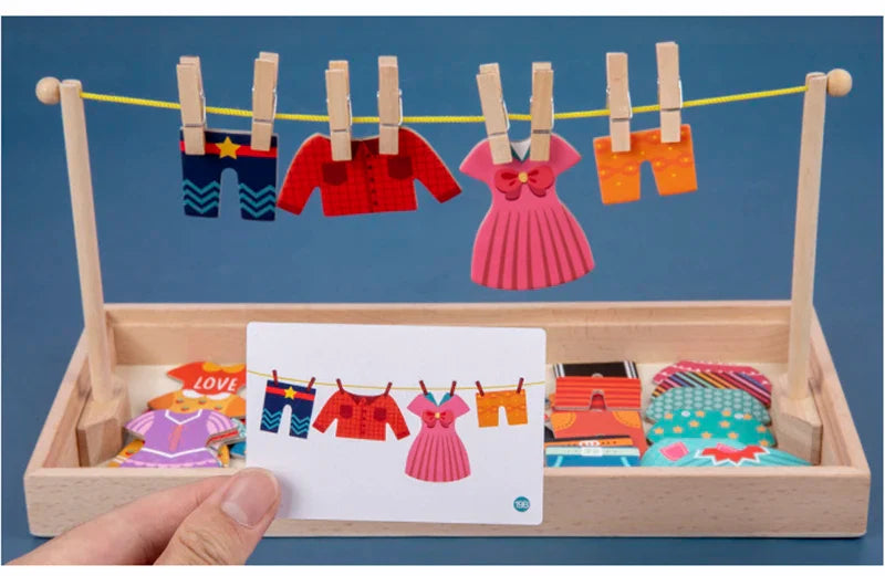 Wooden puzzle with mini clothesline activity
