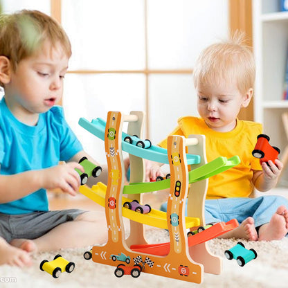 Wooden racing track toy with 6 colorful cars for kids