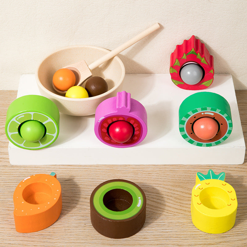 Wooden sorting game with spoon, colorful balls and cups for children