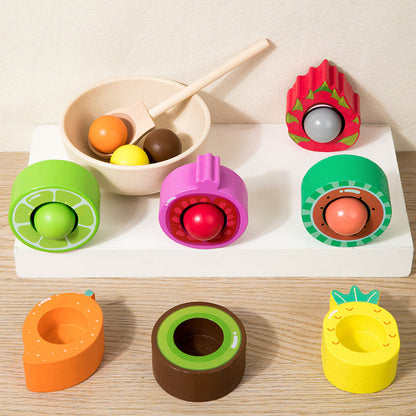 Wooden sorting game with spoon, colorful balls and cups for children