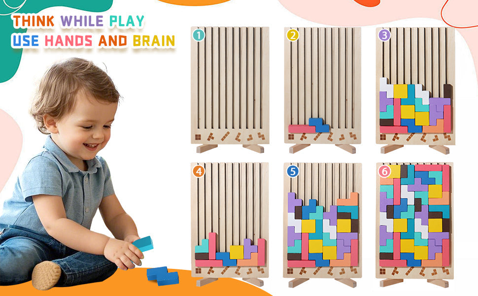 Wooden Tetris puzzle board designed for preschool learning activities