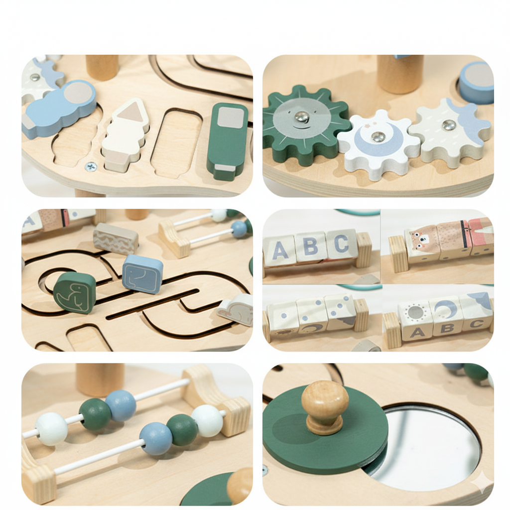 Wooden toddler activity table supporting hand eye coordination