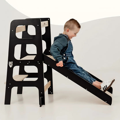 Wooden toddler tower designed for cooking, practical life activities, and playtime