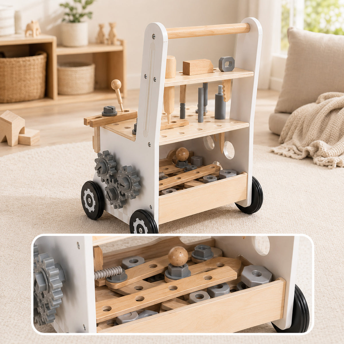 Wooden walker with storage compartment